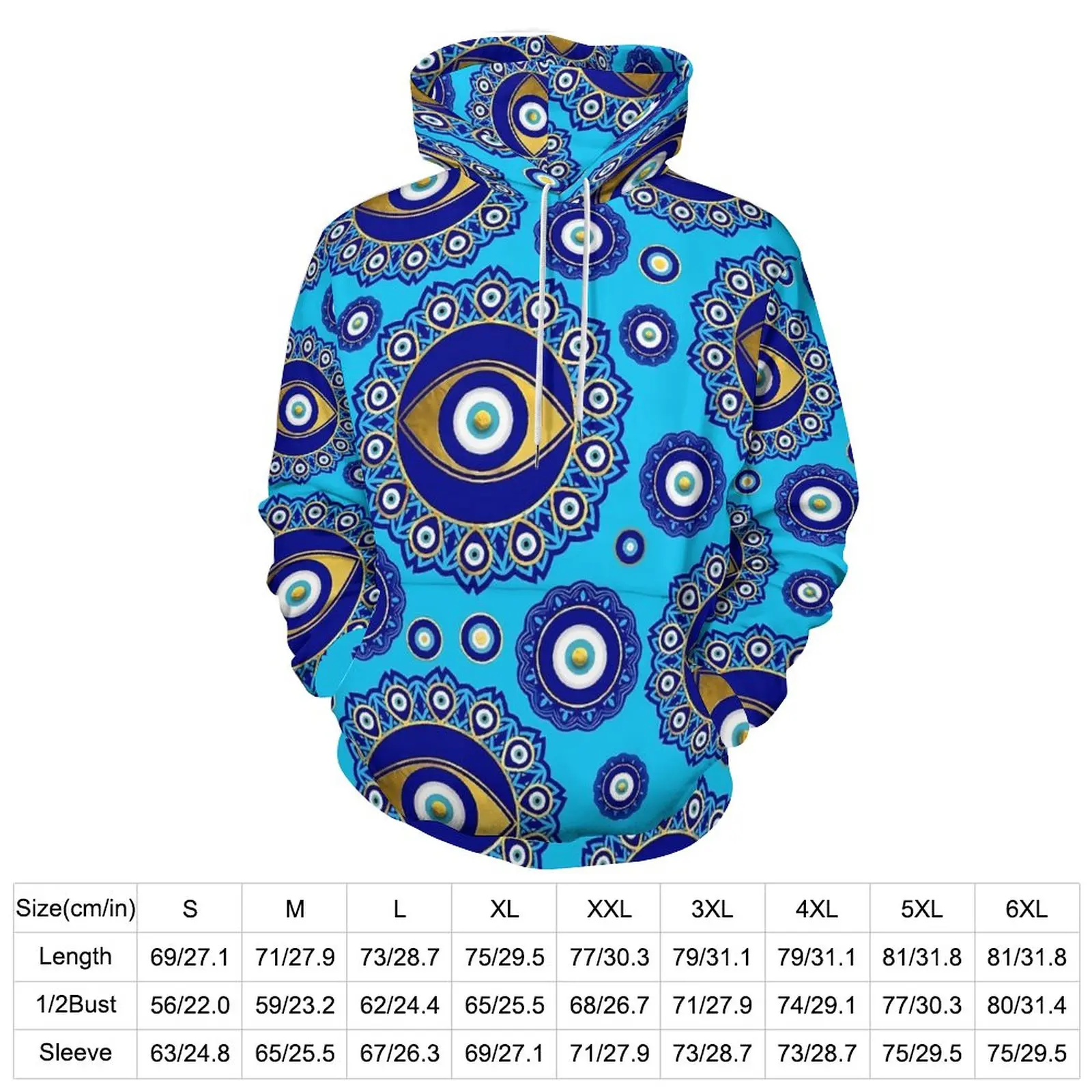 Evil Eye Charm Casual Hoodies Blue And Gold Cool Custom Loose Hoodie Autumn Long-Sleeve Streetwear Oversized Hooded Sweatshirts