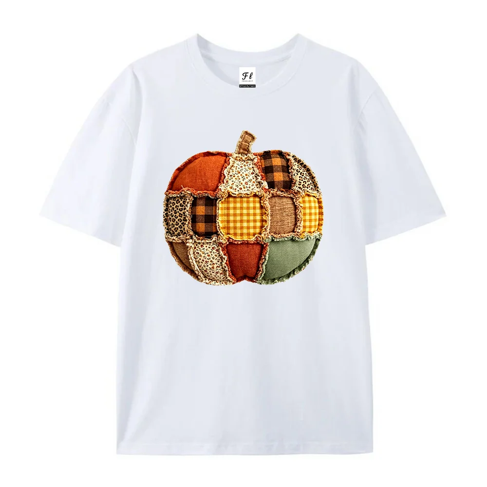 Women T Shirt Patchwork Pumpkin Thanksgiving Autumn Fall Print Short Sleeve Round Neck Graphic Tee Casual Loose Fit Tops Tees