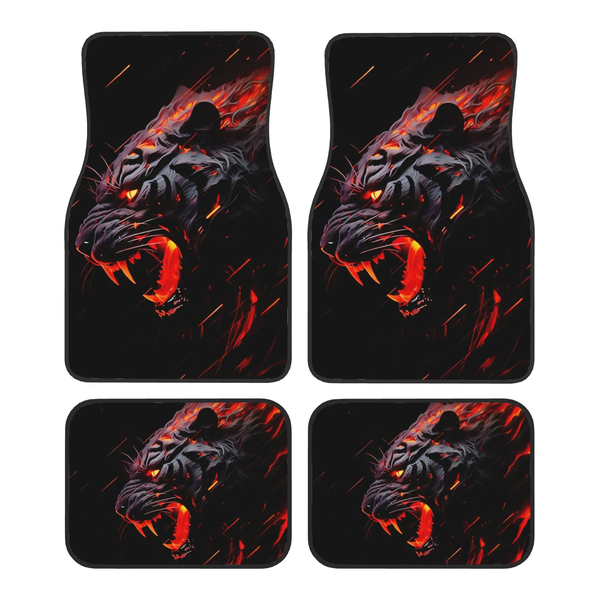 4pcs Fiery Black Tiger Head Car Floor Mats, 2D Flat Printed With A Fierce Tiger Surrounded By Flames, Intense And Menacing Desig