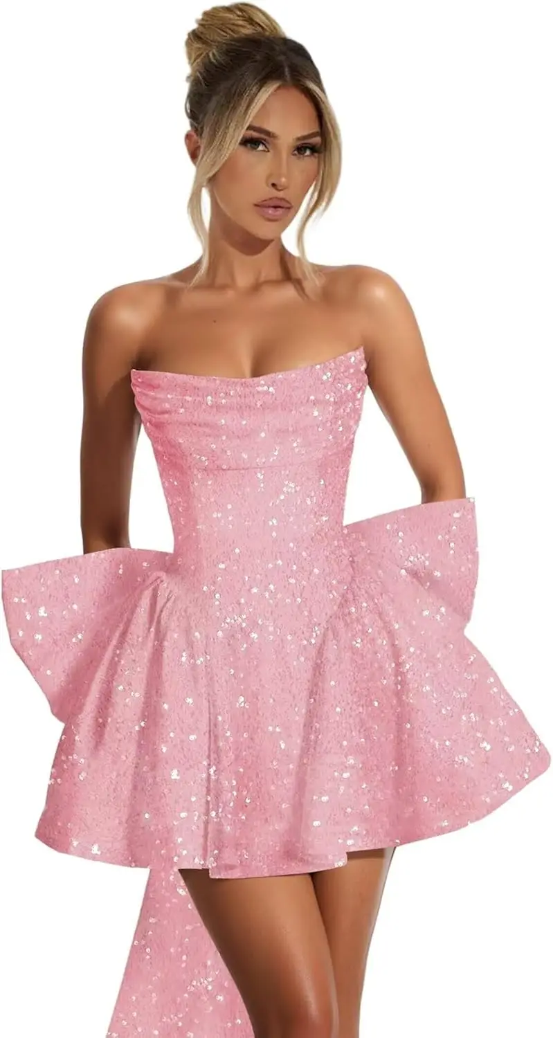 

Sequin Homecoming Dresses for Teens 2025 Pockets Strapless Square Neck A-line Short Prom Dresses Mini Dress Graduation Dress