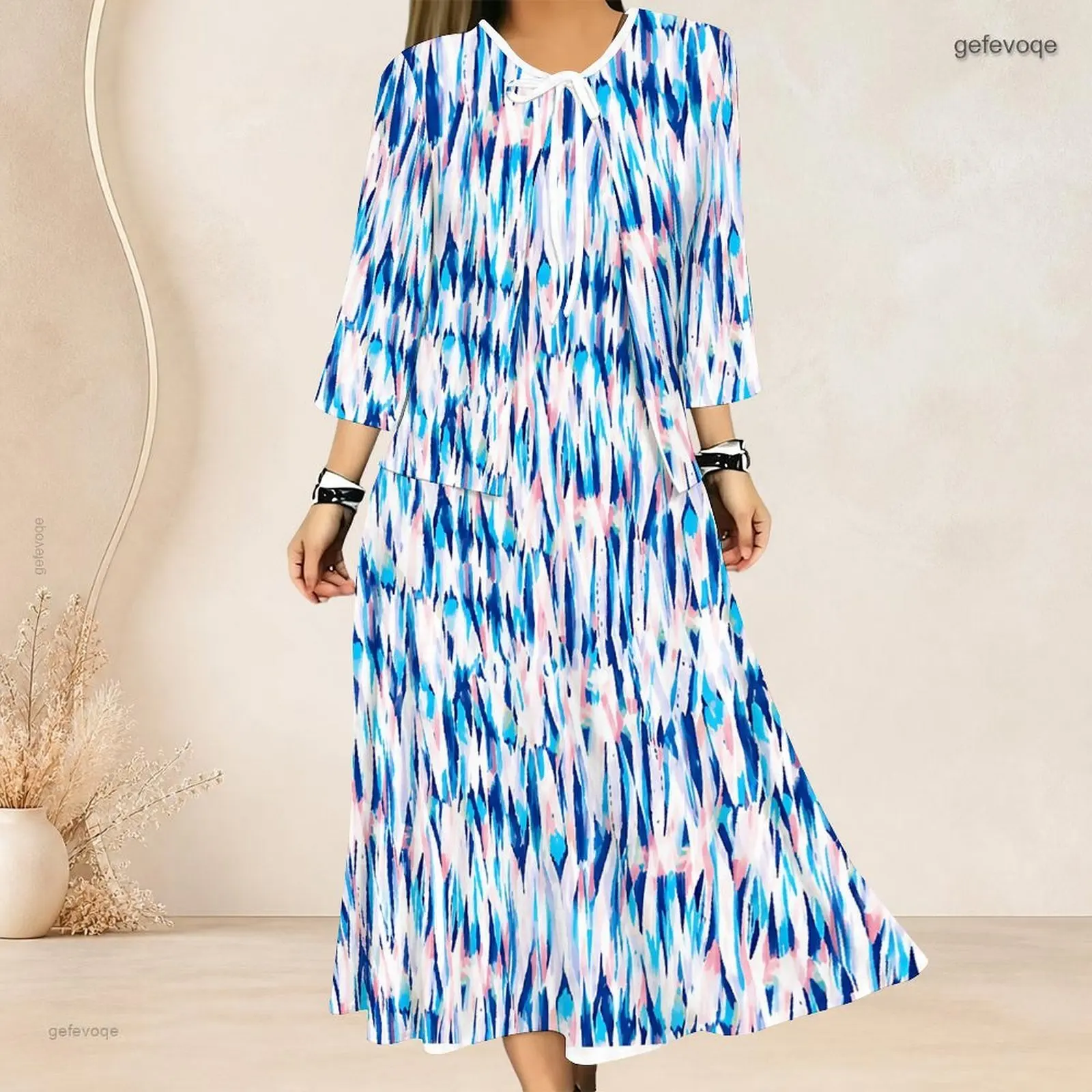 Women Patchwork Vintage Art Print 3/4 Sleeve Tie Neck 2 Piece Long Dress Set