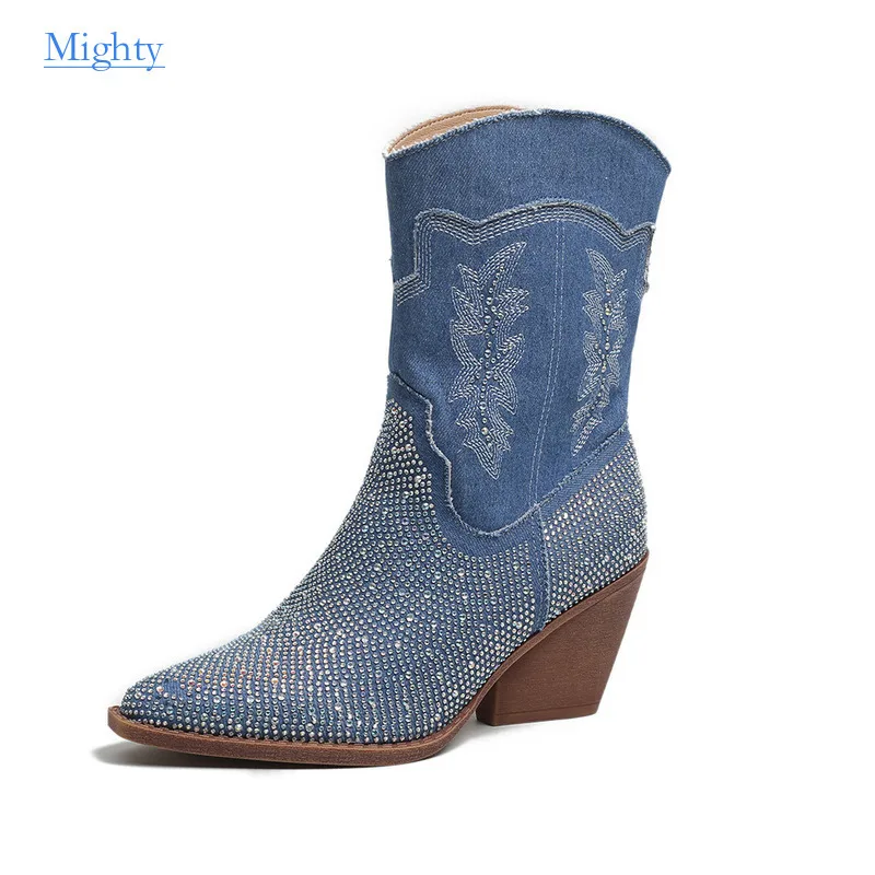 

2024 States New Rhinestone Pointy Mid-leg Chunky Heel Girl Women Winter Ankle Boots New Western Cowboy Girl Shoes Female