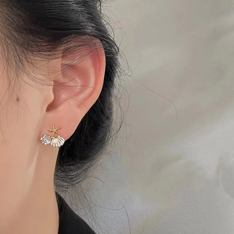 Modische Asymmetrische Ohrstecker im Ozean-Stil Direkt vom Hersteller für Frauen Imitationsperlen Seestern Muschel Ohrringe Zirkon Schmuck Geschenk – Detail 7