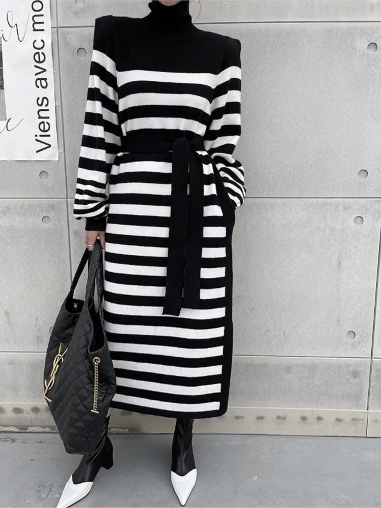 

Knitted Turtleneck Pullover Autumn Winter Striped Print Long Dress Women Korean Fashion Ladies Dresses Loose Woman Dress 2023