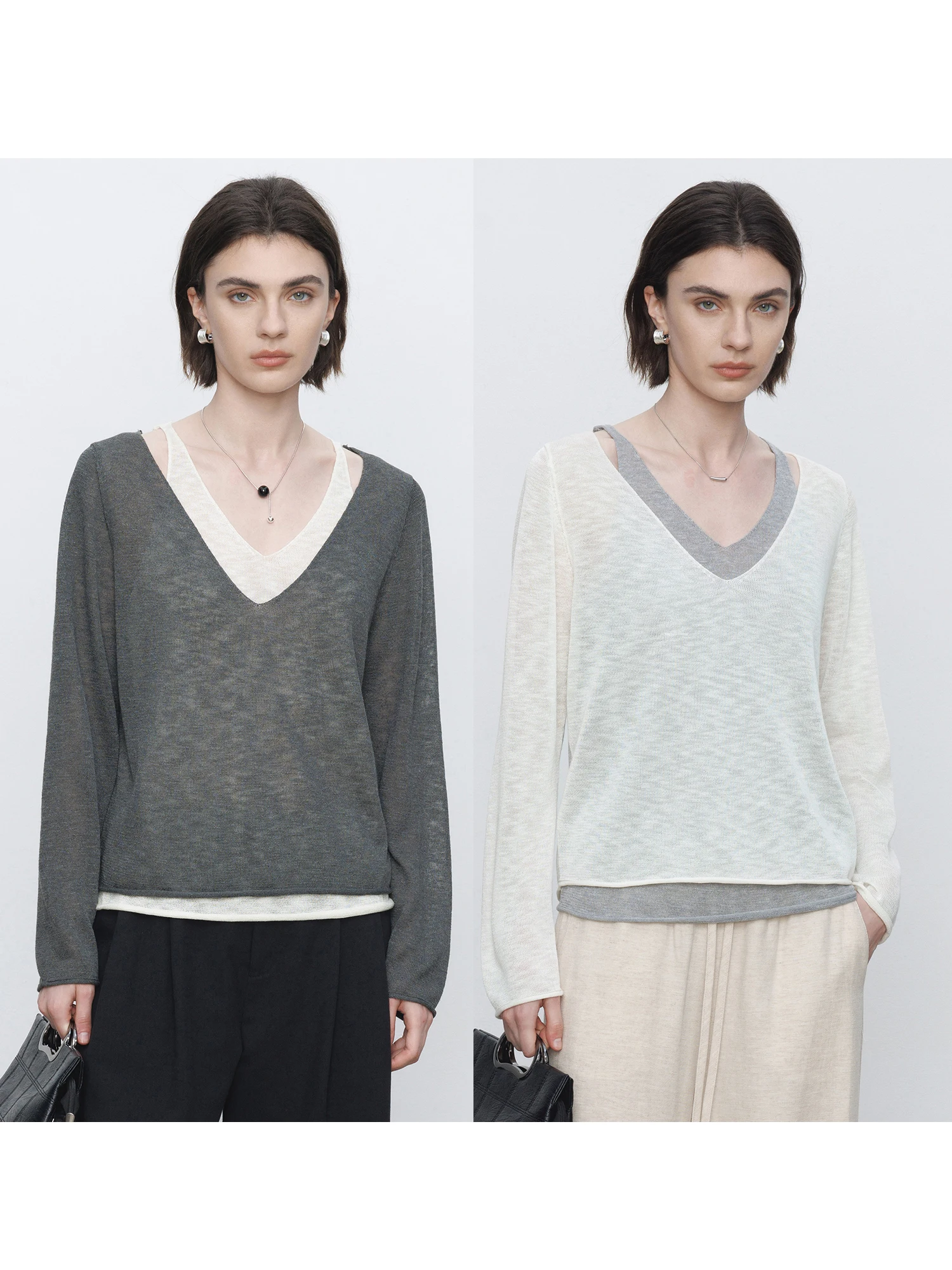 

Весенняя новинка: женский трикотажный топ с V-образным вырезом и длинным рукавом, повседневный свободный крой, из полиэфирного волокна, имитация двухслойности