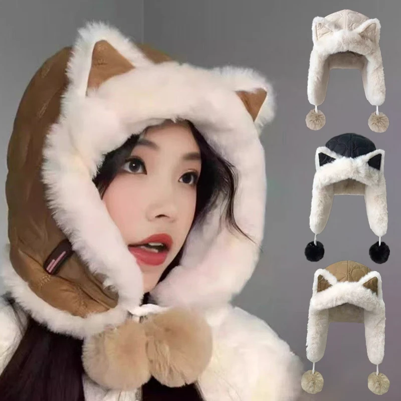 Cute Fox Ears Plush Hat Winter Fluffy Ear Protection Hat Warm Thickened Hat Cute Outdoor Cycling Windproof and Cold Proof Hat