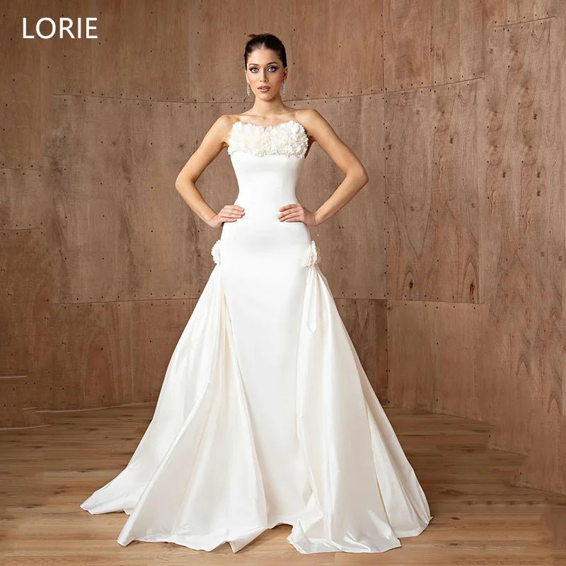 

LORIE Elegant Satin Strapless Wedding Dresses Mermaid Flowers Sleeveless Bride Prom Gown Draped Bridal Gowns Customized