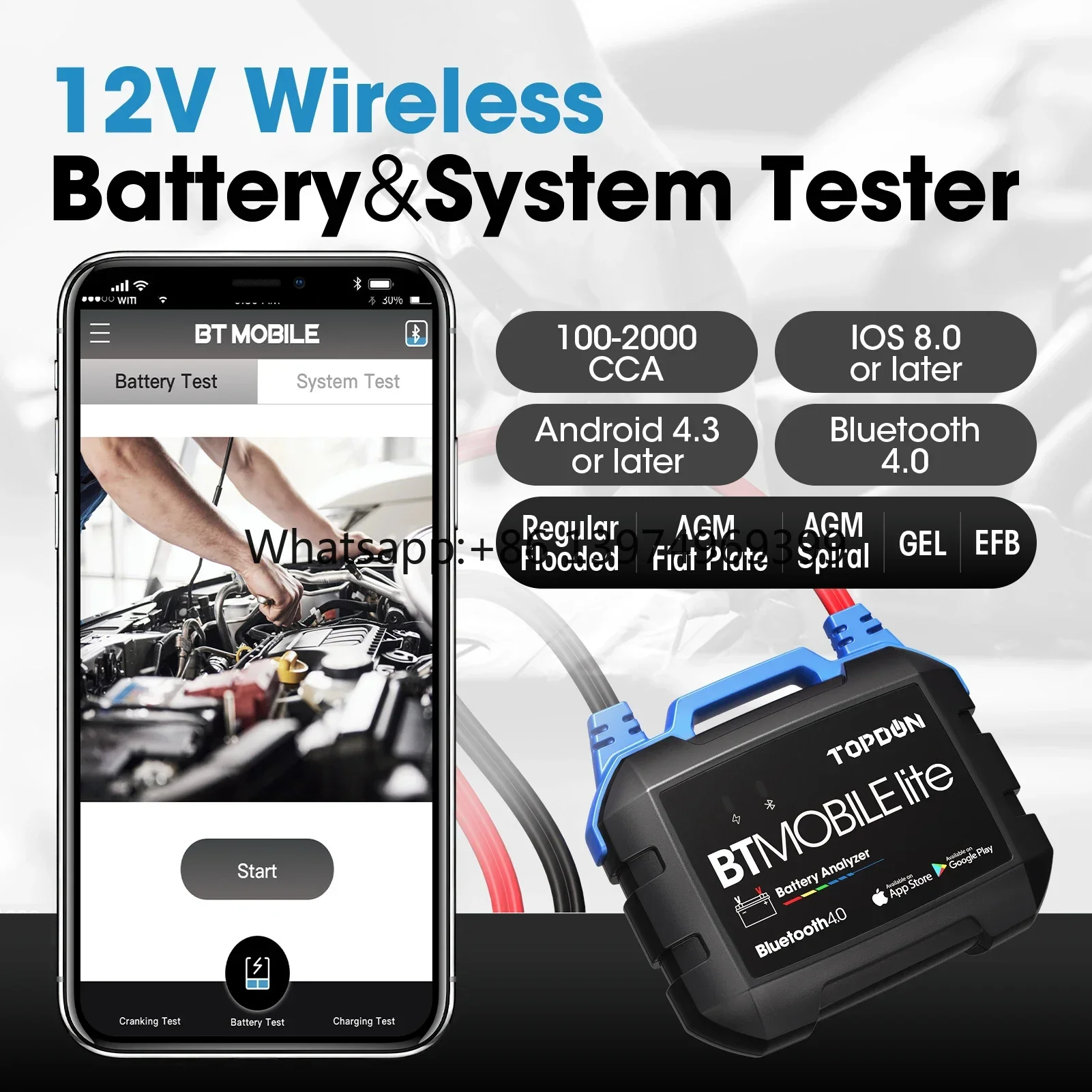 12V Wireless Blue Tooth Phone Inverter Internal Resistance Discharge Capacity Machine Car Battery Tester Analyzer