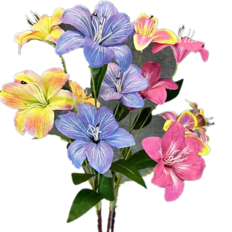 

6Pcs Faux Mini Lily (3 Heads/Piece) Artificial Long Stem Spring Lilium Green Leaf for Wedding Home Decorative Flowers