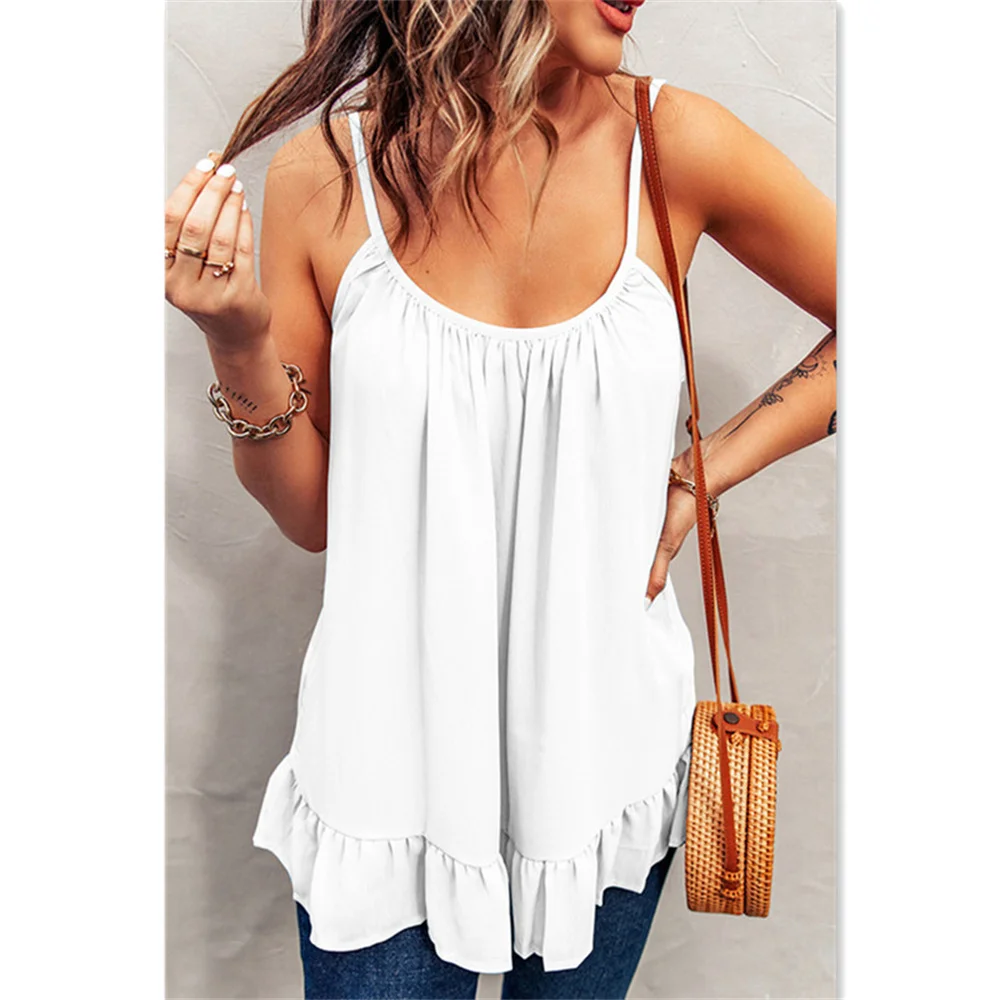 2022 Lady Ruffle Patchwork Shirt Women Spaghetti Strap Vest Summer Sleeveless Solid Casual Loose Female Street Tank Tops T Shirt