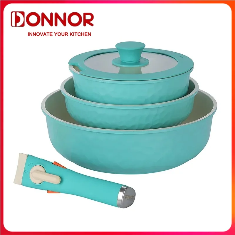 

DONNOR Coating Cookware Set 5Pcs Ceramic Detachable Handle Frying Pan Milk Pot Chef Pot Induction Cooker Gas stove Universal