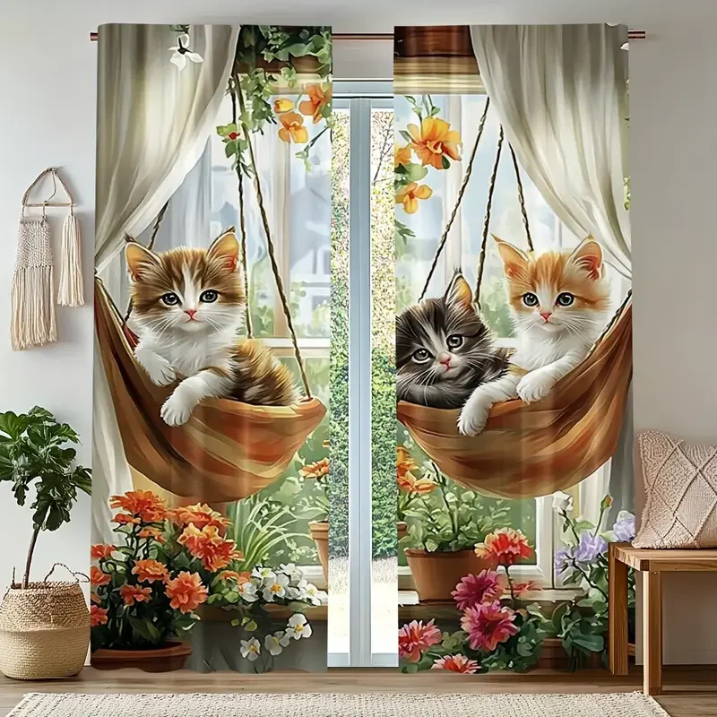 2PCS- Charming cat and flower print curtains, pole bag curtains, bedroom and living room, home decoration, room decoration