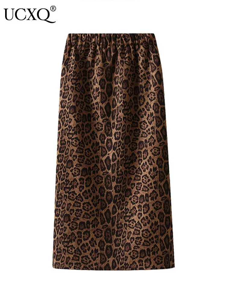 

UCXQ Elegant Temperament Skirt streetwear Imitation Deer Skin Velvet high Waist Leopard Fashion Skirts Women 2024 Spring Autumn