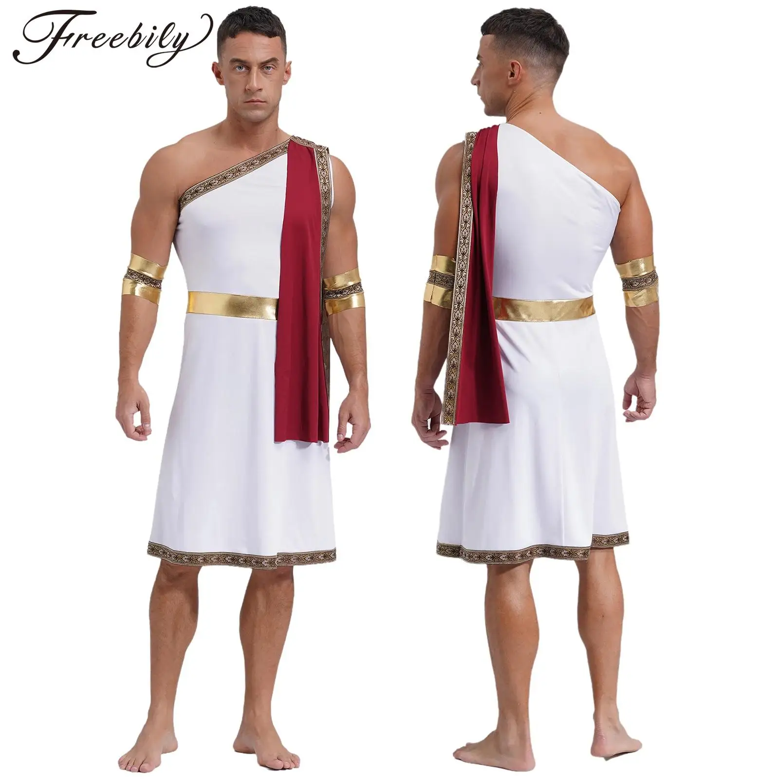 

Men Halloween Ancient Greek Roman King Prince Cosplay Costume One Shoulder Embroidered Trim Robe Toga with Cuffs for Theme Party