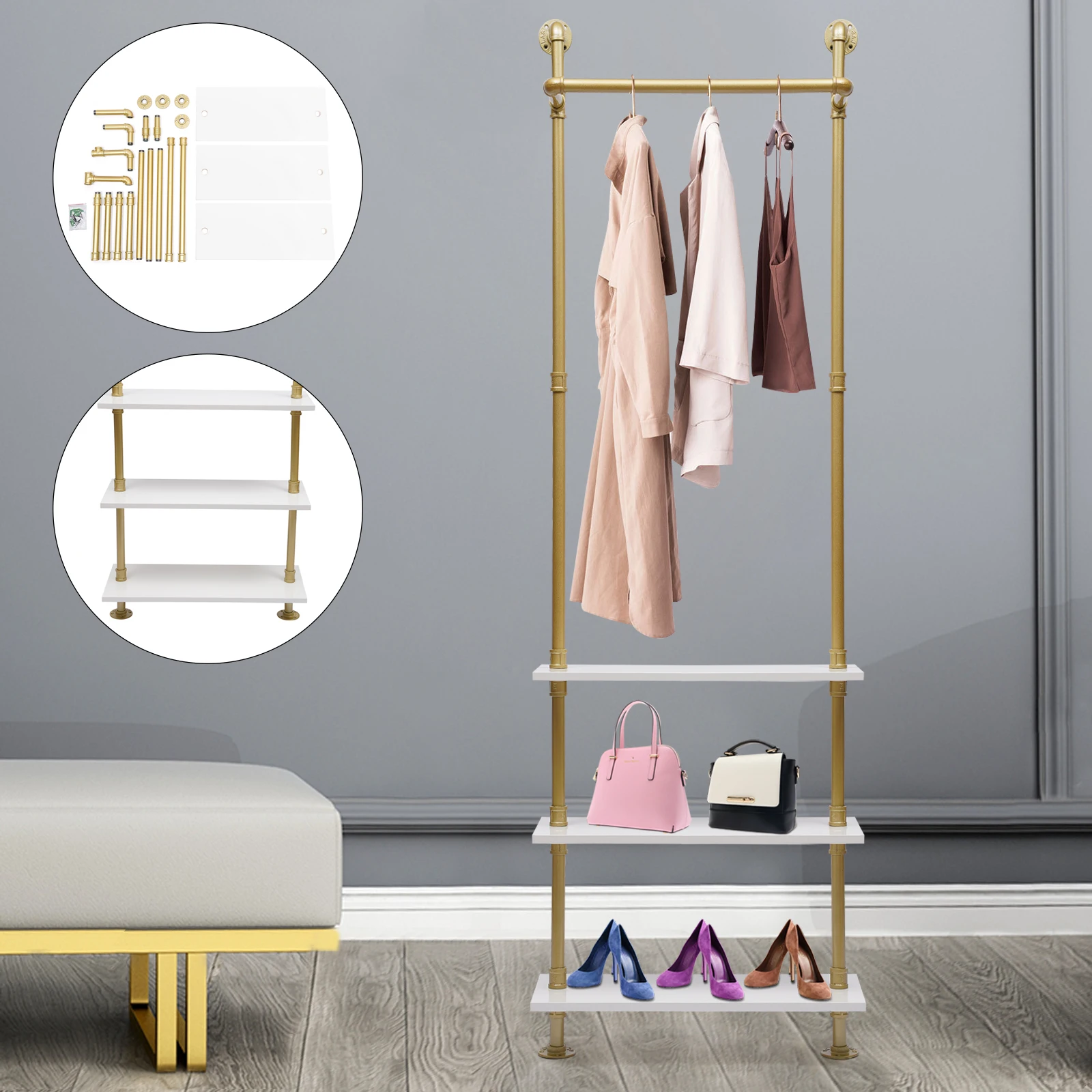 Luxury Gold Clothes Rack Stand Heavy Duty Wall-Mounted Organizer For Showroom