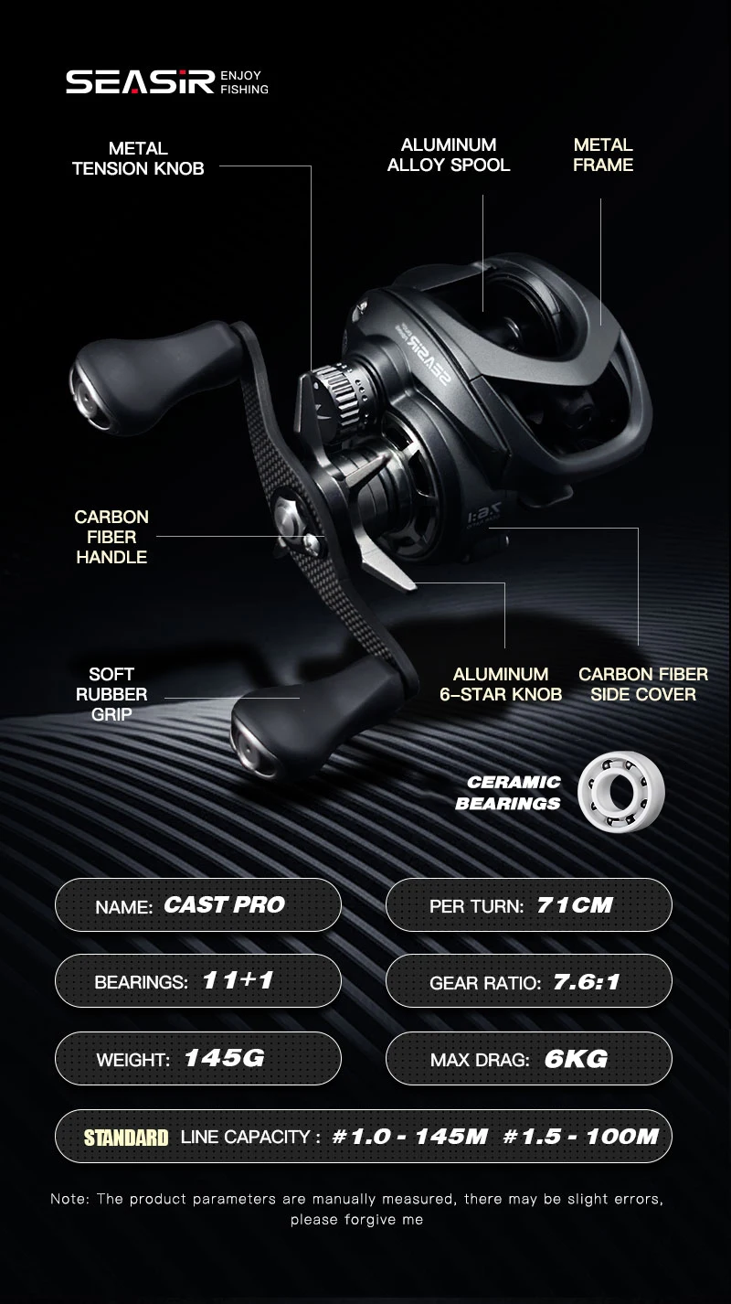 Seasir P-Series Cast Pro 145 g BFS Baitcasting Angelrolle Ultraleichter Metallrahmen 7,6:1 11+1BB Drag 6 kg Süßes Salzwasserangeln – Detail 2