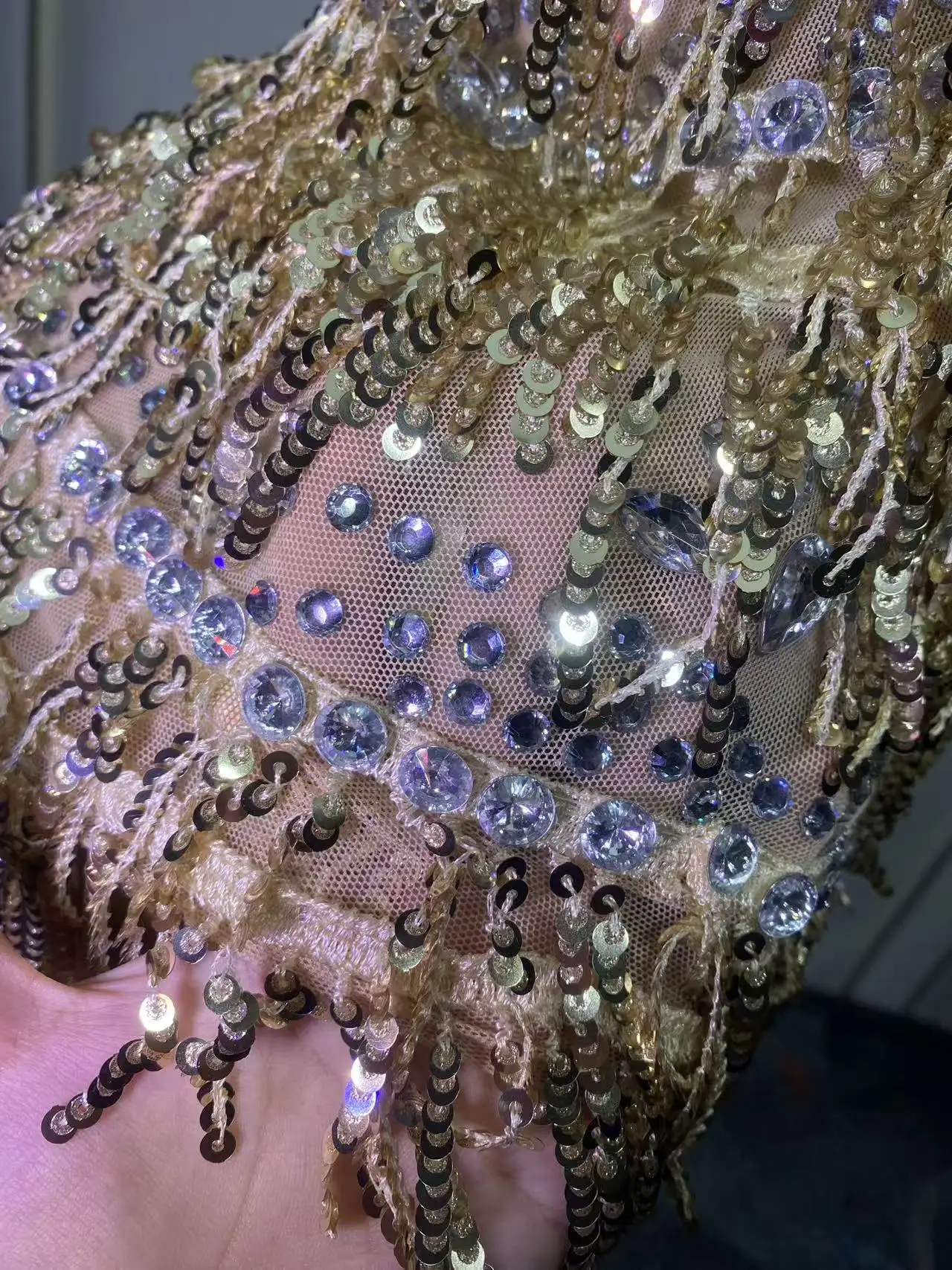 Sparkly Rhinestones Fringes Bodysuit Women Sexy See Through Party Outfit Performance Dance Costume Singer Dancer Show Stage Wear view 4