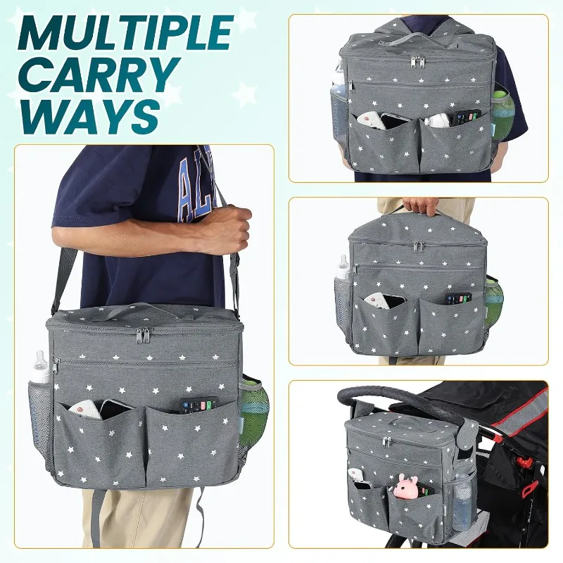 Große Baby-Kinderwagentasche mit Sternenmuster, Baby-Kinderwagen-Organizer mit Getränkehalter und Schultergurt, Multifunktionale Buggy-Mama-Tasche – Detail 4