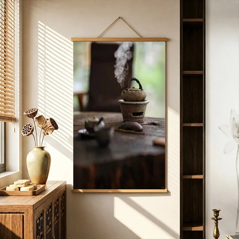 Home Decor Items Dark Ceramic Teaware in Quiet Light, Wabi Sabi Decor Pearlescent Canvas Hanging Scroll for Herbal Tea Lounge