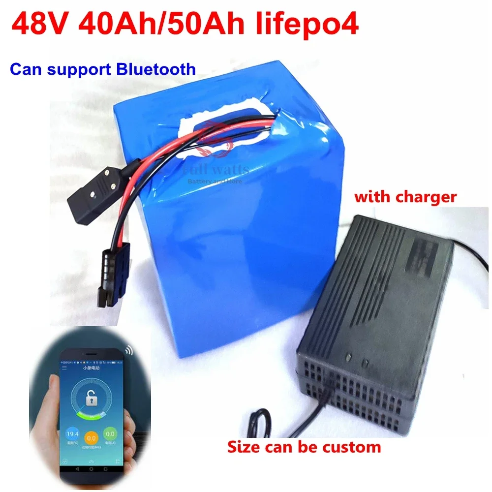 48V 50Ah Lifepo4 48v 40AH lithium battery Bluetooth BMS APP 16S for 2000w Scooter bike tricycle boat go cart +10A charger