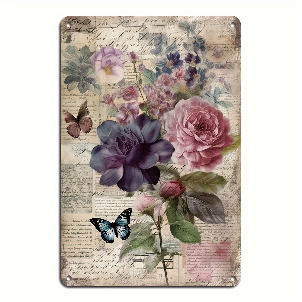 1pc Vintage Floral Butterfly Metal Wall Art, Pink Roses Purple Blooms Green Foliage, Pre-Drilled Iron for Living Room Patio