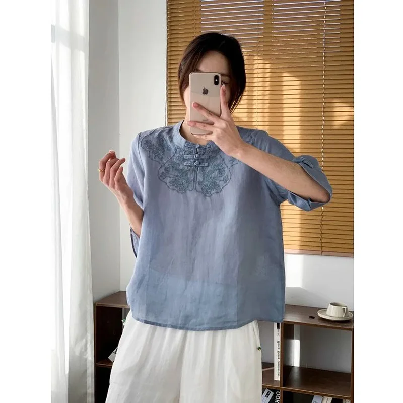 

Ethnic Style Retro Five-point Sleeve Top Design Sense Buckle New Chinese Short-sleeved Summer New T-shirt for Women