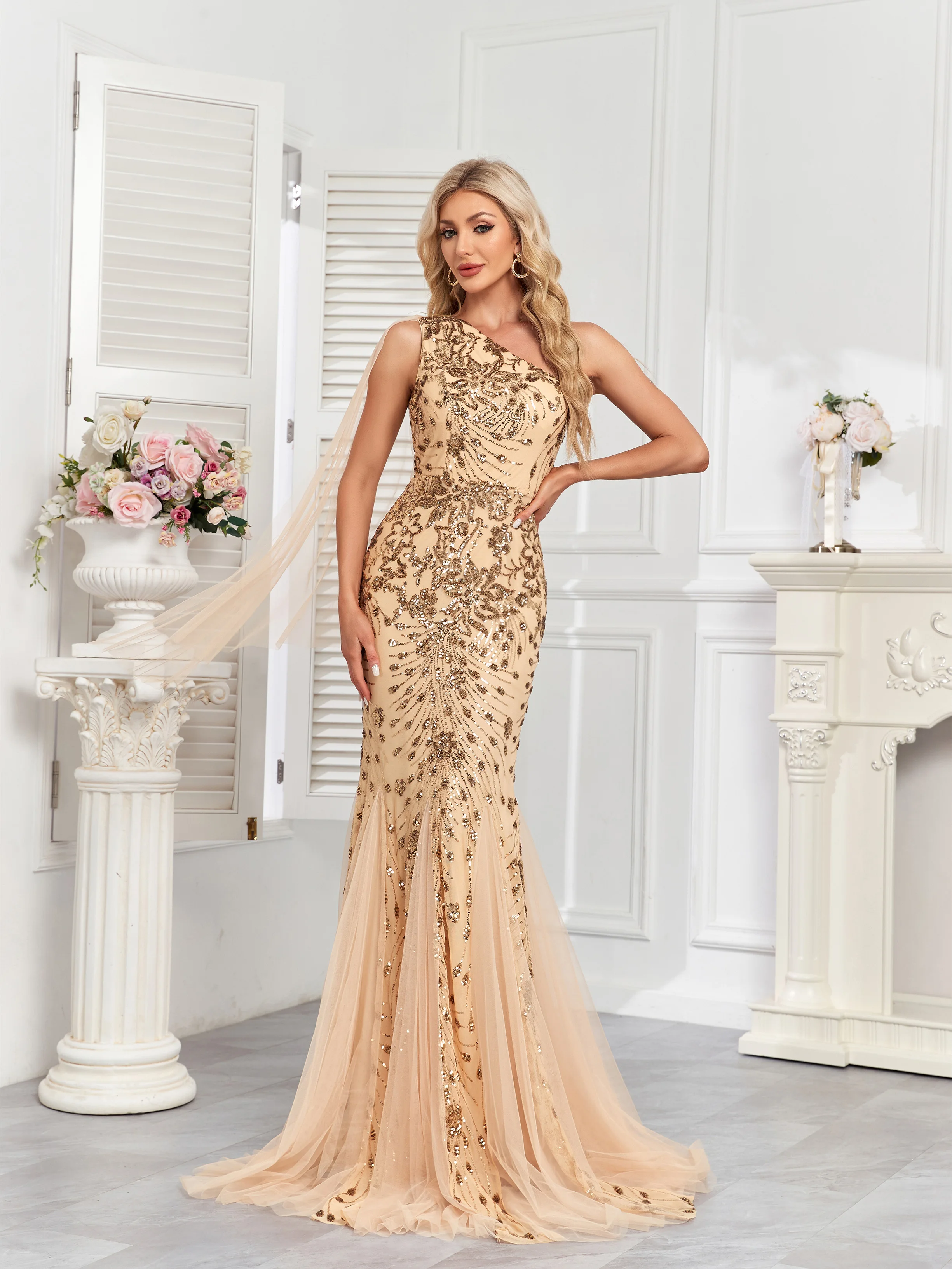 XUIBOL Elegant One-Shoulder Chiffon Tank Dress, Luxurious Sequin Party Evening Gown