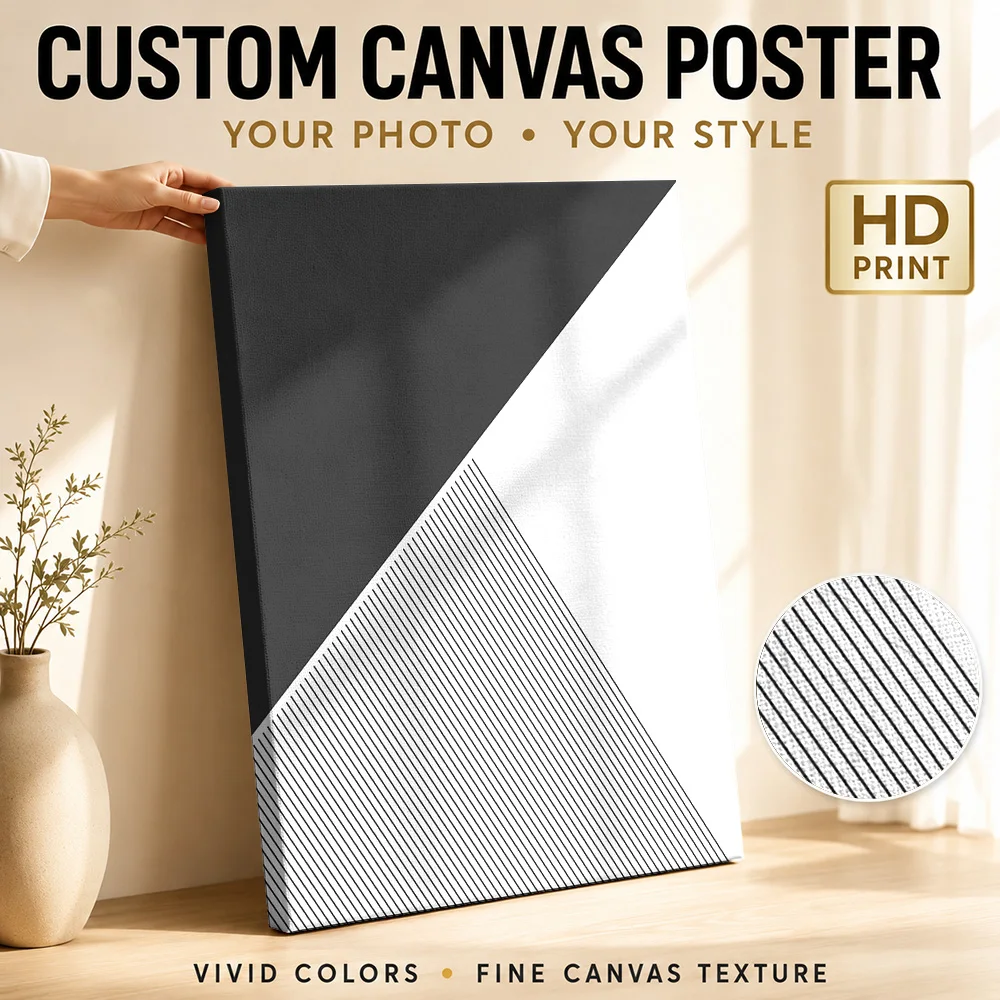Black And White Diagonal Panels Framed Canvas Print Customized Photo Modern Geometric Composition Wall Art For Creative Studio