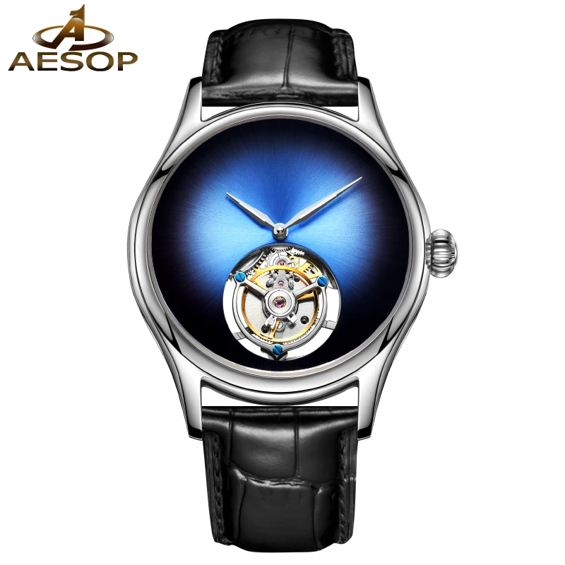 AESOP（manual7009G）Men Tourbillon Watch Blue Panther Eye Dial, Skeleton Mechanical, Sapphire Mirror, Genuine Leather Strap