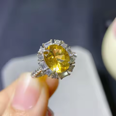 Luxury 5CT Oval Cut Yellow Diamond Engagement Ring with Baguette &amp; Round CZ Halo Silver Plated Cocktail Ring Women Party Gif