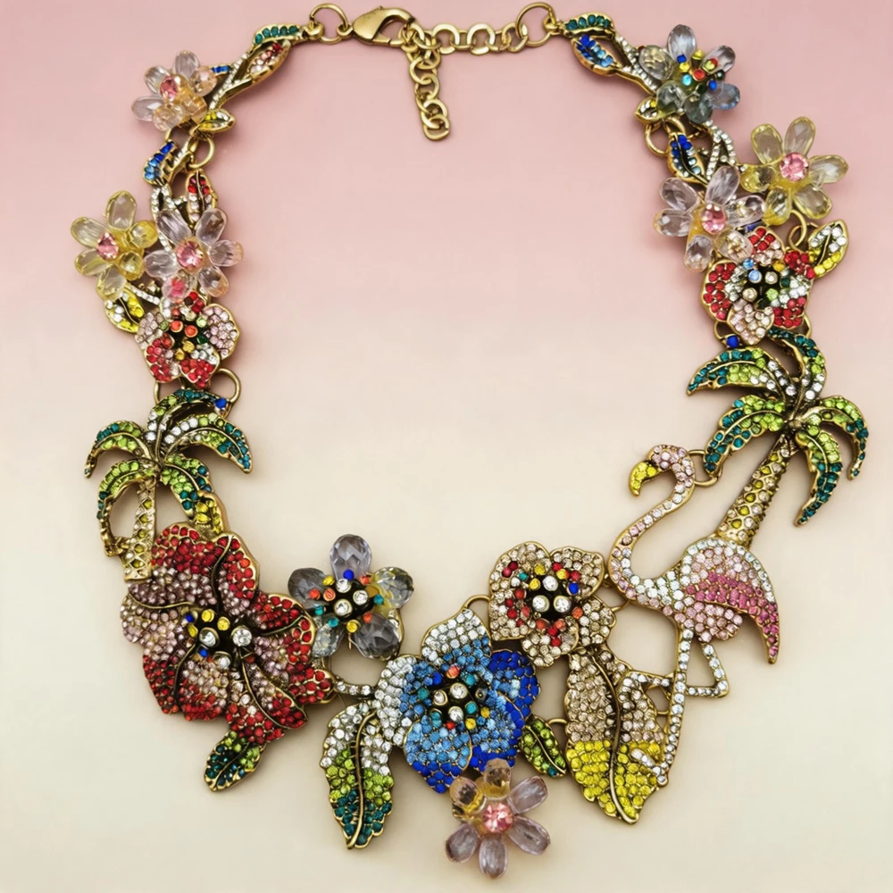 

Hawaiian Jewelry Accessories Rainbow Crystal Rhinestone Chunky Statement Garden Flower Flamingo Coconut Tree Necklace for Women