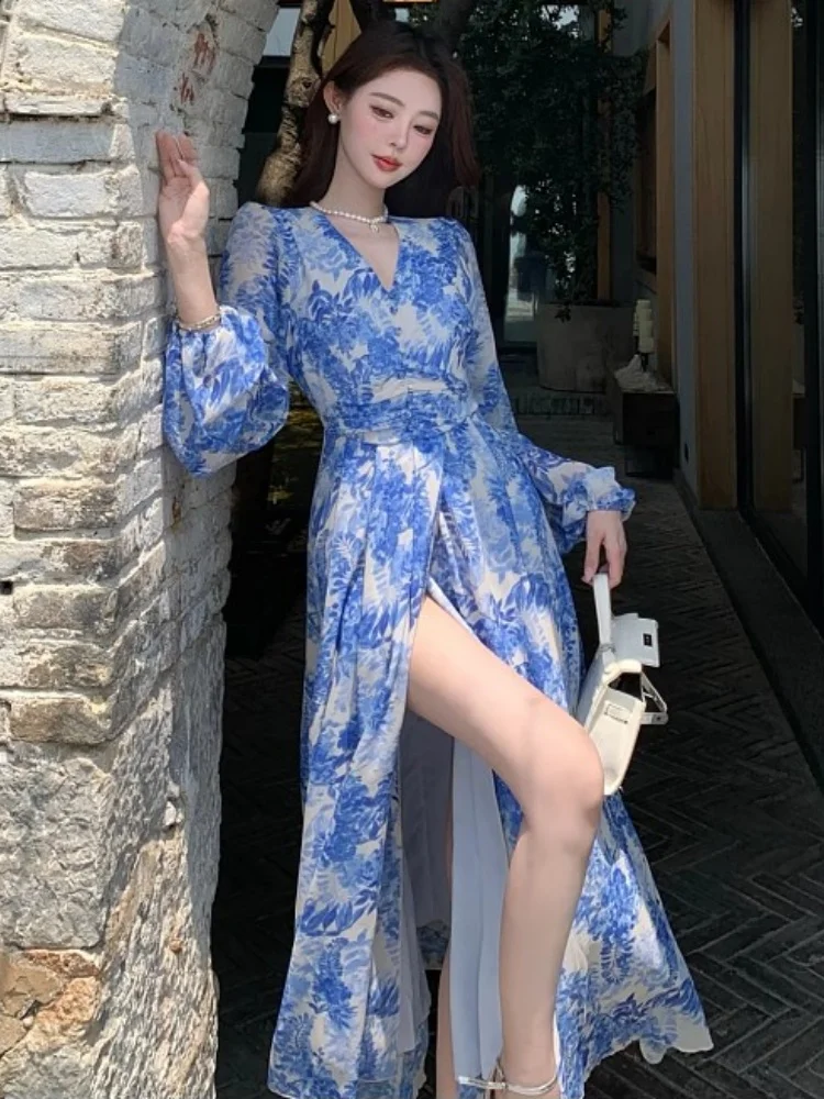 

SMTHMA French High-End Temperament Elegant Slim Waist Dress Women's Lantern Long Sleeved Vacation Chiffon Print Long Dress
