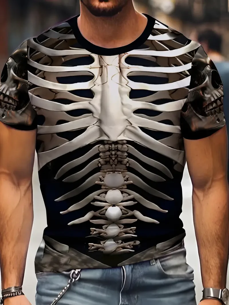 Men's Halloween Skeleton Graphic T-Shirt - Black Casual Athletic Tee With Eye-Catching Skull Bone Print Perfect For Festive Tops
