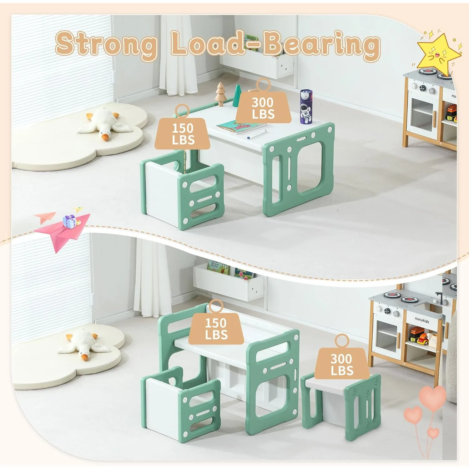 3 in 1 Weaning Table and 2 Chairs Set, Kids Table and Chair Set, 2 Height Levels, Toddlers Activity Table for Drawing, Dining