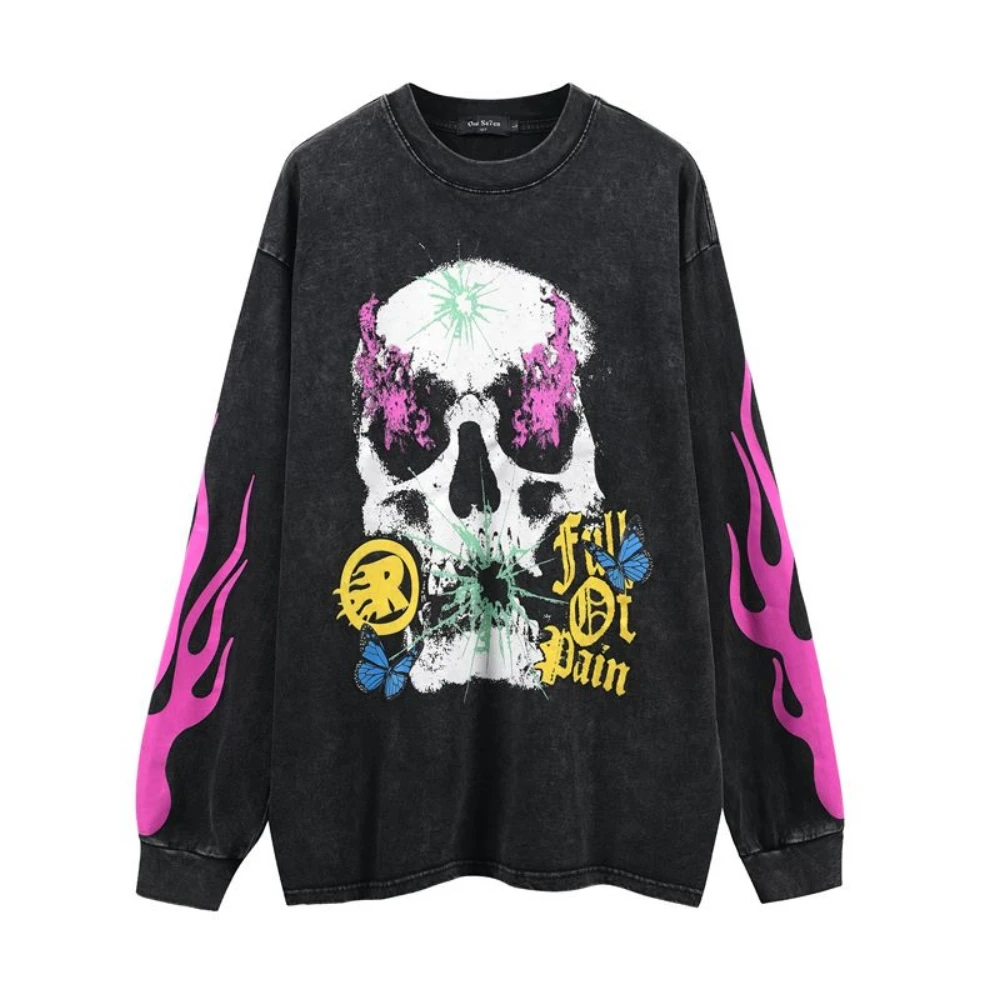 

Goth Purple Flame Skulls Print T Shirts For Men Y2k Tops Oversized Streetwear Women's T-shirt Distressed Black Long Sleeve Tees