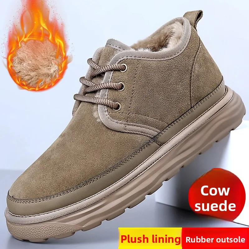 

Men Winter New Top Grain Leather Snow Boots Fleece Lined Warm Non Slip Outdoor Casual Martin Boots