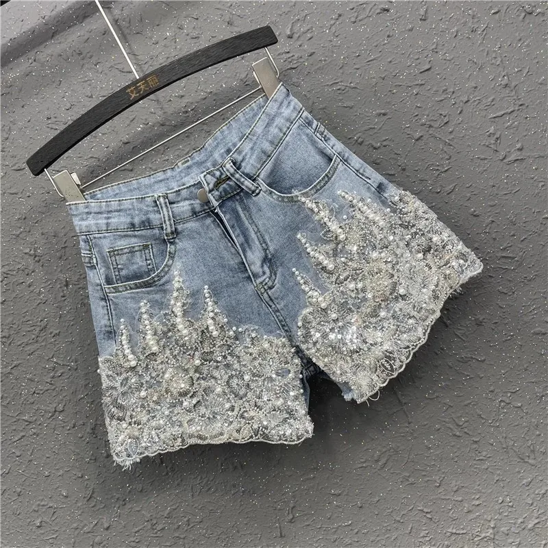 Europese goederen zware industrie genagelde kraal denim shorts dames zomer nieuwe 2025, mode hoge taille wijde pijpen broek hot pant shorts