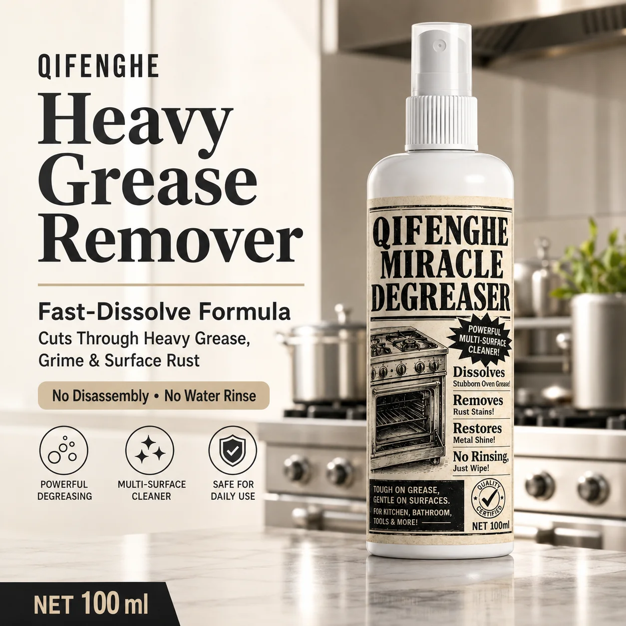 QIFENGHE 100ml Oven Grease Remover, Powerful Degreaser for Kitchen Appliances, Removes Rust, Brightens Metal Surfaces, Surfactan