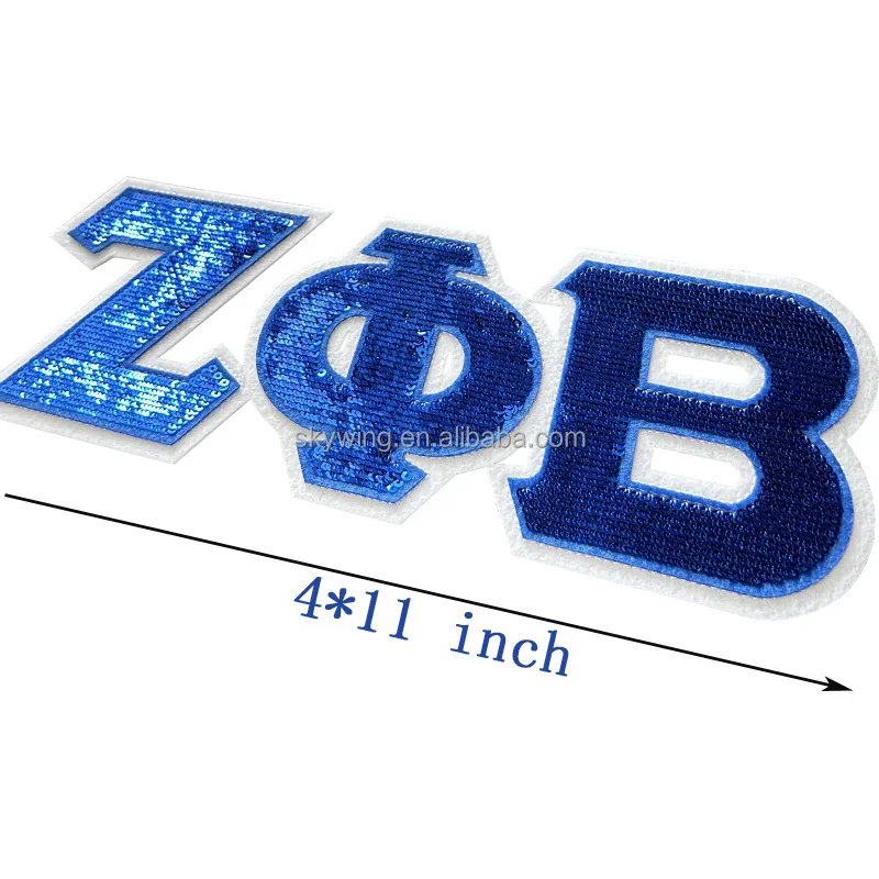 Sequined Zeta Phi Beta Sorority Patches with Blue and White Iron on Embroidered Letters, Applique for Pearl Denim Jacket Back