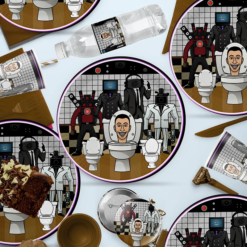 Disney Skibidi อุปกรณ์ห้องน้ําธีมวันเกิด DIY ตกแต่งงานปาร์ตี้บนโต๊ะอาหารแบบใช้แล้วทิ้งป้ายขวดน้ําผลิตภัณฑ์อาบน้ําเด็ก