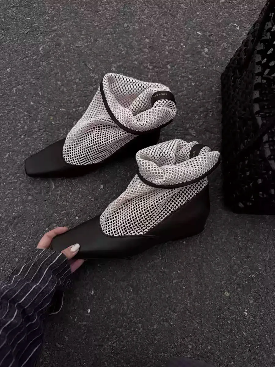 See Through Mesh Square Toe Leather Splice Zip Back Stiletto Ankle Boots Party Edgy Ladies Summer Breathable Trendy Footwear