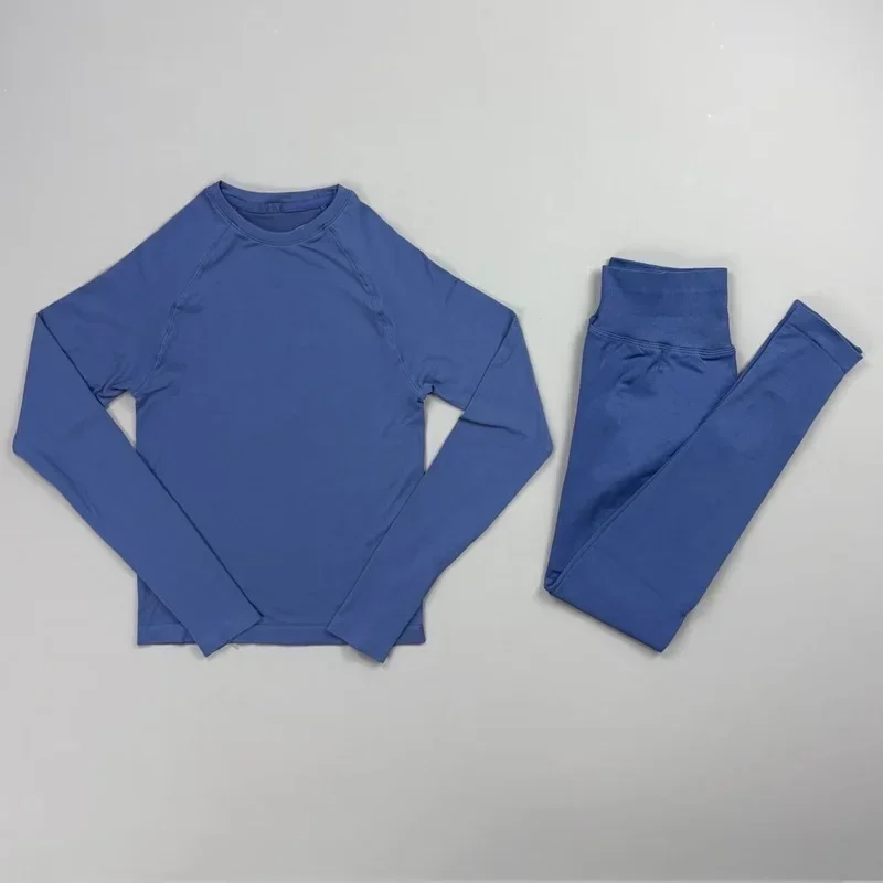 2-teiliges Gym-Set für Damen: Rundhals-Shirt mit Daumenlöchern, Langarm, Slim Crop Shirt, Scrunch Butt Leggings, Dehnbarer Weicher Yoga-Pilates-Anzug – Detail 15