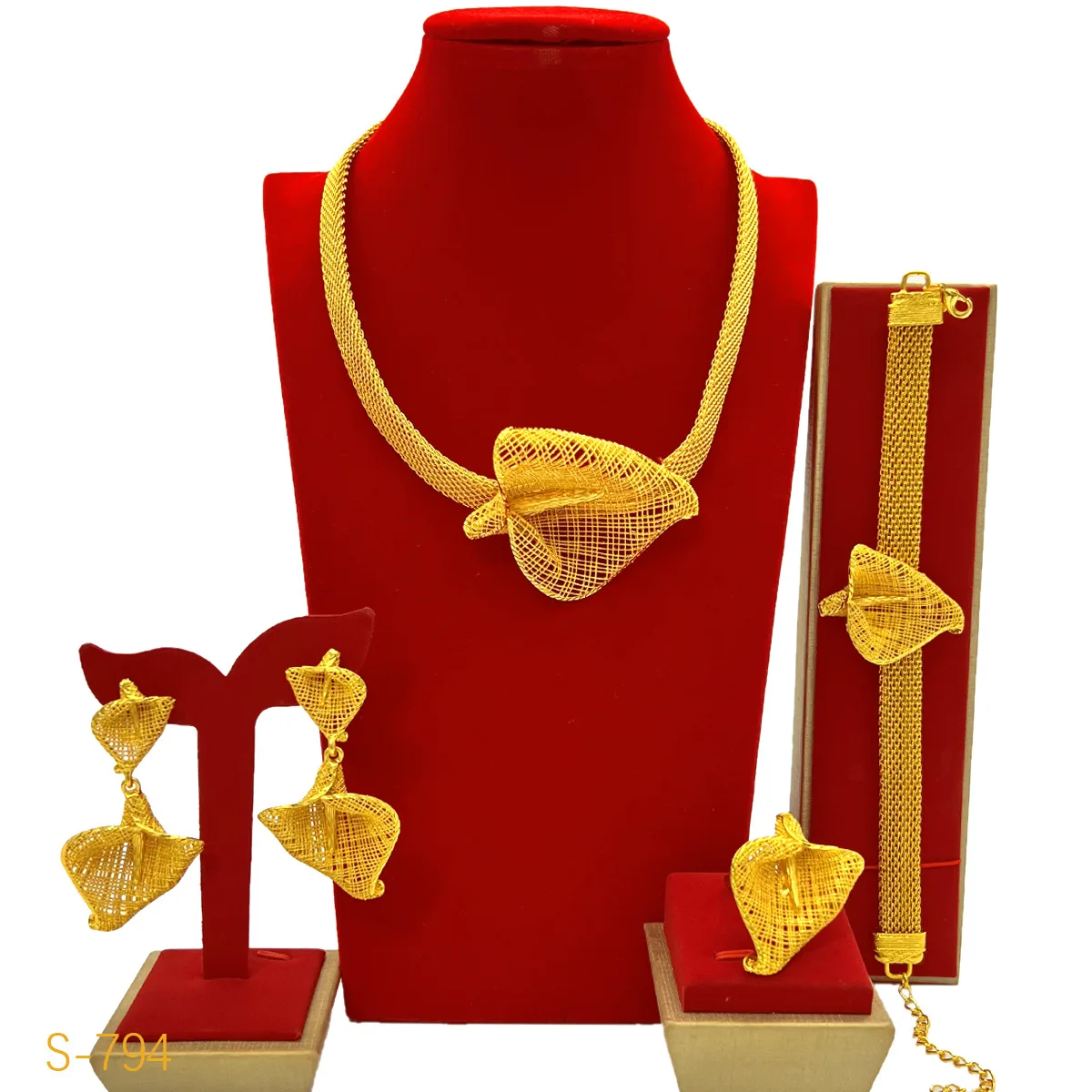 

Women 24K Gold AU999 Irregular 3D Minimalist Luxury Necklace Bracelet Earrings Ring 4-Piece Set - Pure gold, unique design