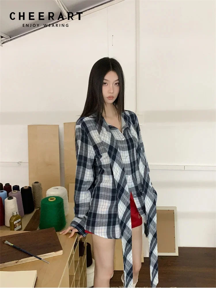 CHEERART Ribbon Plaid Oversized Shirt Women Long Sleeve Top Button Up Shirts Designer Fashion Top Autumn 2024 New Collection