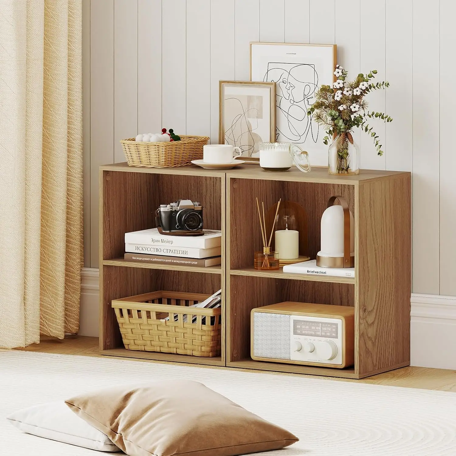 2-Cube Bookcase, Floor Standing Open Bookshelf, 5-Position Adjustable Shelf, Modern Display Shelf, Anti-Toppling Kits,Customized