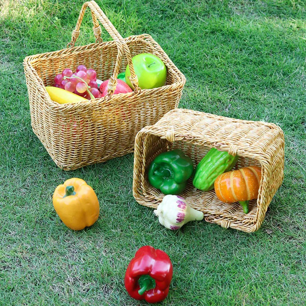 

Portable Woven Shopping Basket Handmade Imitation Rattan Fruit Storage Vegetable Snacks Organizer Kitchen Decorative