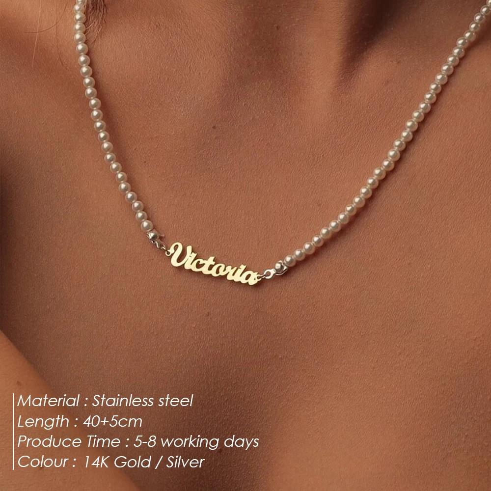 eManco Stainless Steel Customized English Name Necklace Fashion Faux Pearls diy Letter Pendant Collarbone Chain Factory Outlet