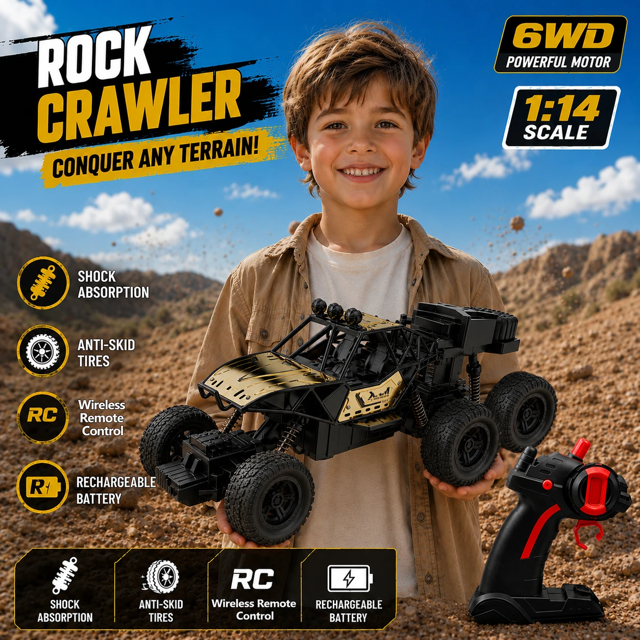 6WD RC Rock Crawler 1:14 Scale, Alloy Off Road Remote Control Car, High Suspension, Rechargeable All Terrain Climbing Vehicle
