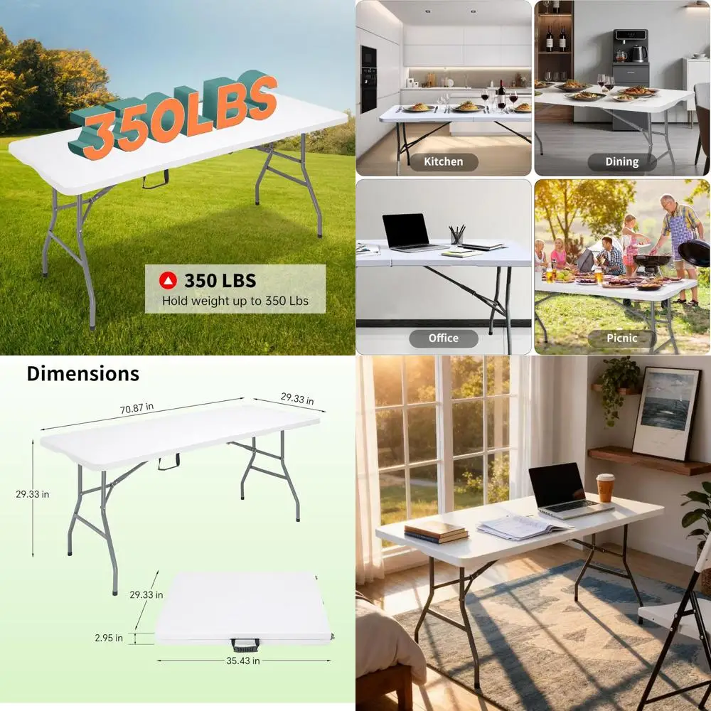 

Портативный складной стол для кемпинга - грузоподъемность 350 фунтов, 71x29 дюймов, из прочного пластика для использования на улице и в помещении