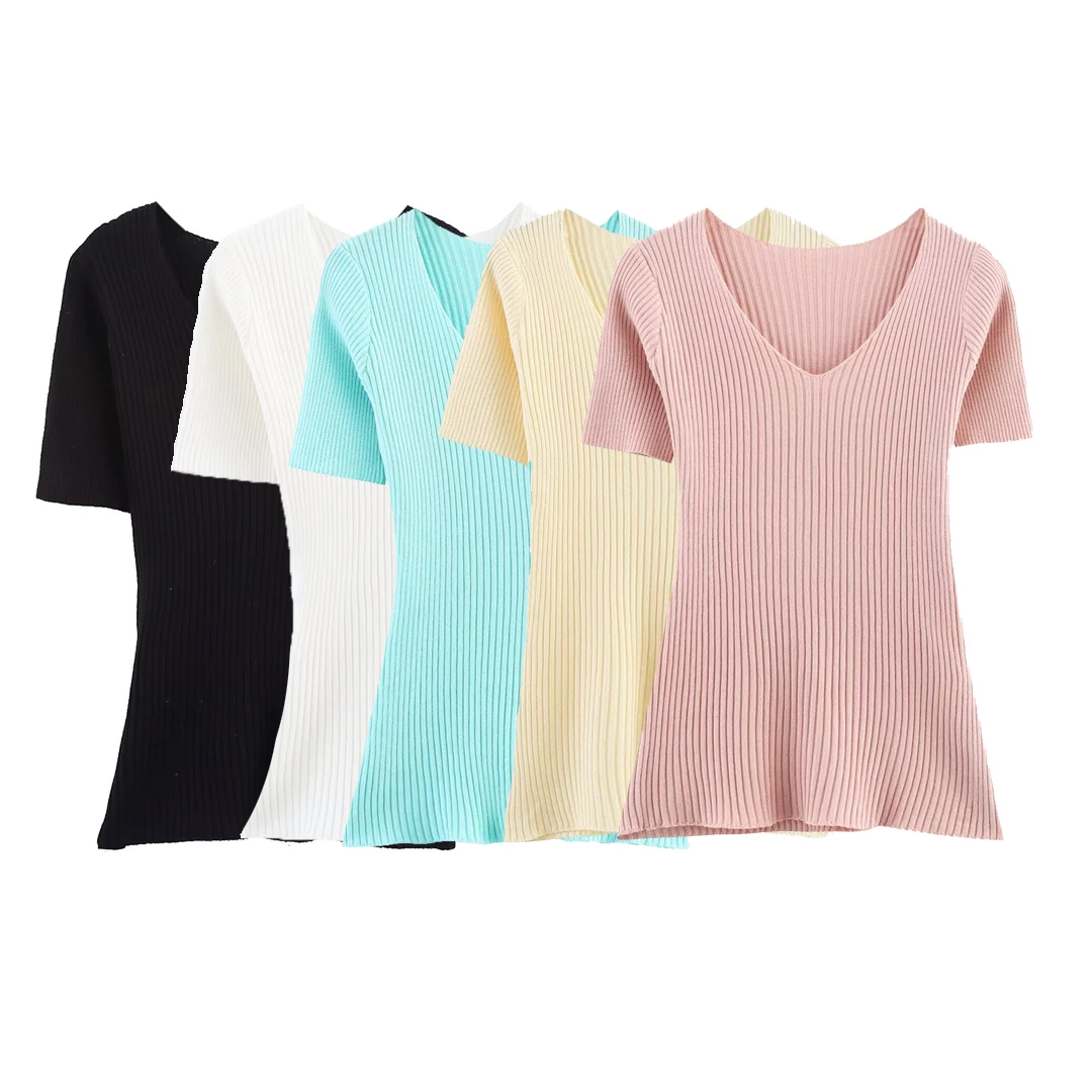 

Korejepo New Women Clothing European American Style Fashionable Simple Clean Color Vertical Stripe Knitted Short Sleeved Top